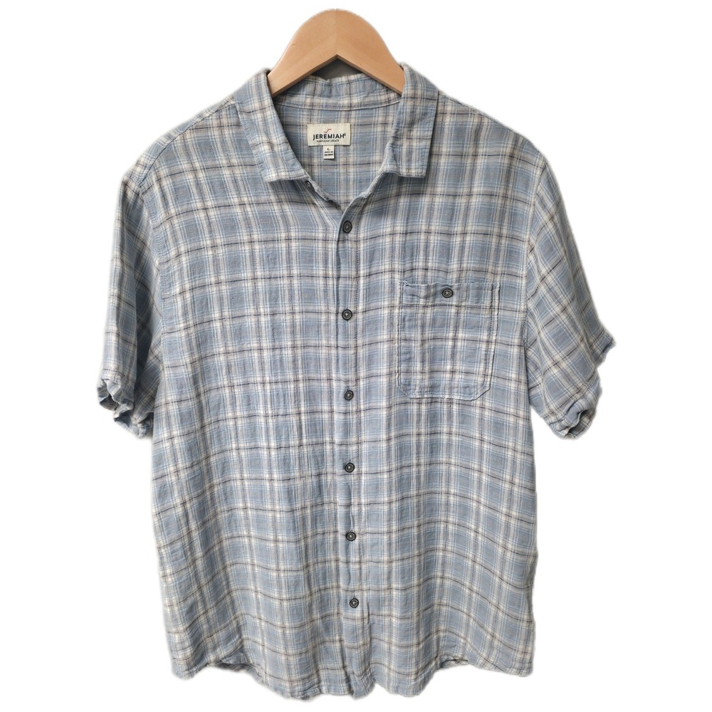 Jeremiah Button Down Shirt Mens Size L Blue Plaid Short Sleeve Linen Blend Top